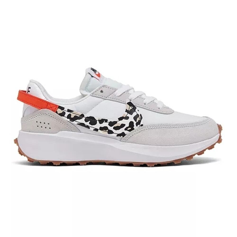 Nike Women's White/Gray Sneakers with Black Leopard Swoosh and Orange Accent